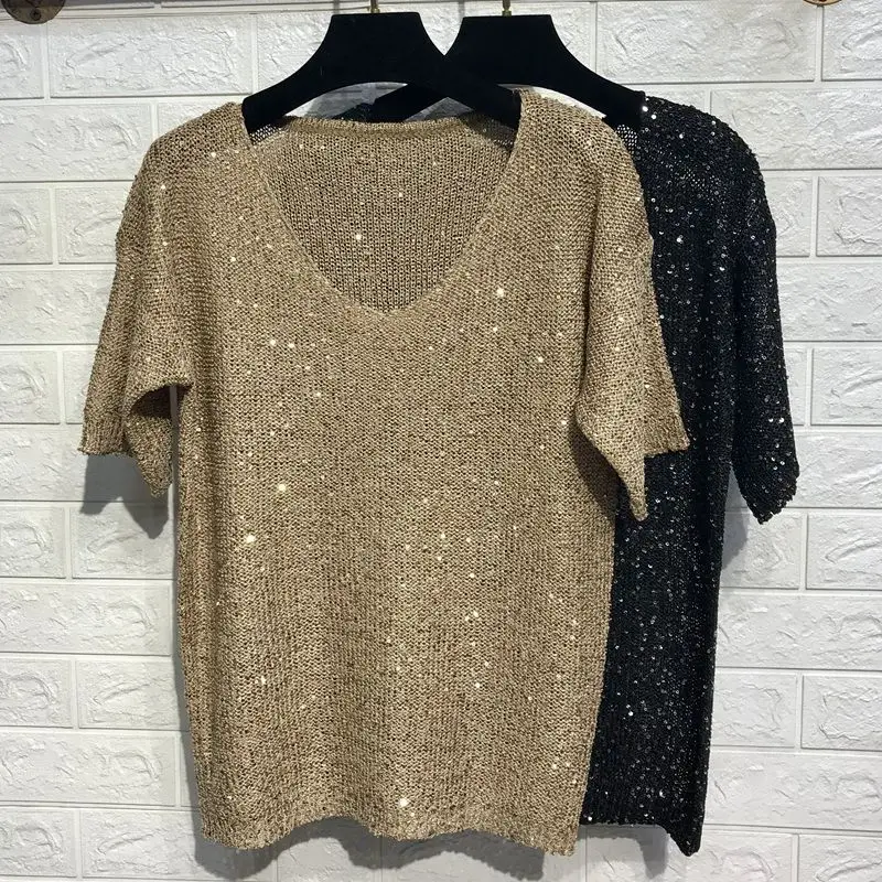 Women's New Style Knitted Gold Sequins Hollow Loose Large Size Pullover Knitted Blouse V-neck Short-sleeved Top