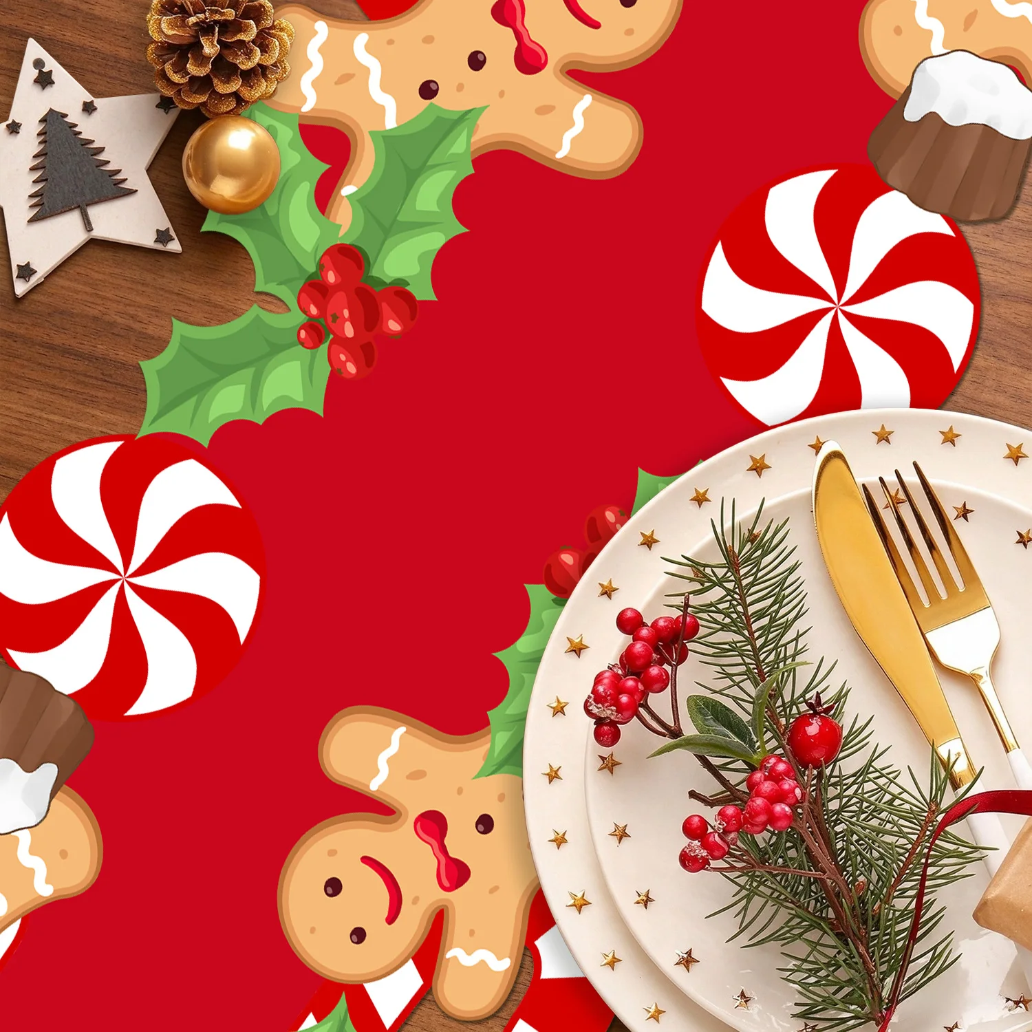 Christmas Table Runner Gingerbread Man Hot Cocoa Red Xmas Dining Table Cover Holiday Kitchen Farmhouse Party Decoration