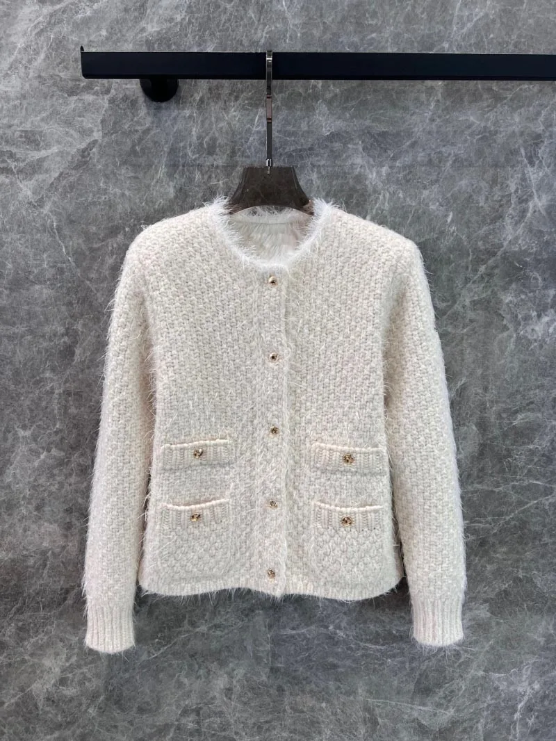 Women Autumn Winter Solid Knitted Spliced O-neck White Goose Down Puffer Cardigan Trendy Casual Thick Female Clothes