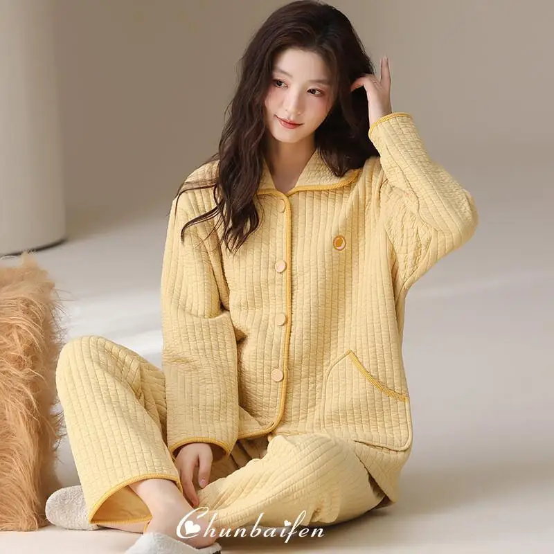 

Thickened Warm Home Suit Set Nightwear for Women Autumn Winter Cotton Long Sleeved Comfortable Sleepwear Loungewear Home Clothes