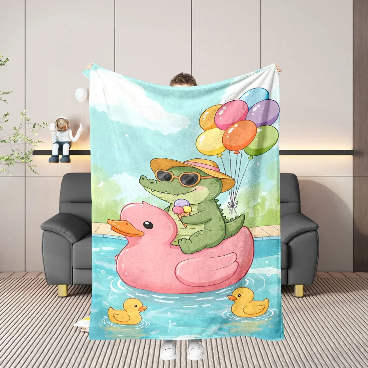 Cartoon Crocodile Pool Flannel Blanket, Kawaii Gator Rubber Duck Float Pattern Lightweight Throw Blanket for Bed Couch Home Use