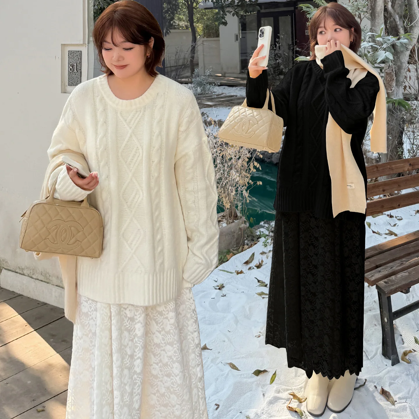 Korean Style Winter Thickened Loose Long Lace Sweater Dress Women's Fashion Set Casual Lazy Style Patchwork Vest Skirt view 2