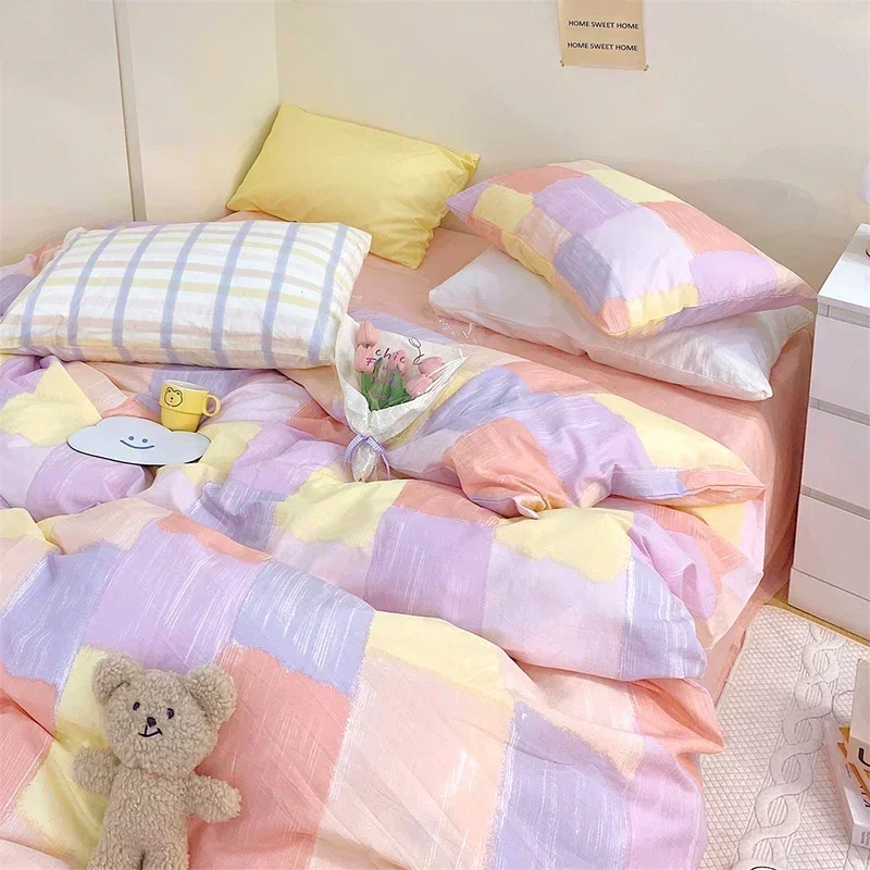 

Fashion Korea Bedding Set 100% Cotton Twin Full Queen Size Quilt Covers Couple Fitted Bed Sheet Pillowcase Bedroom Duvet Cover
