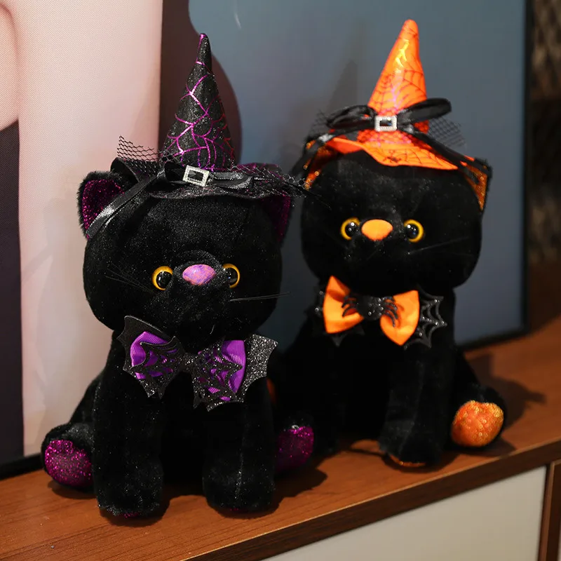 2025 Halloween Style Black Orange Cat Plush Toy Cute Kitten Doll Stuffed Pillow Happy Halloween Party Decor Gifts Trick or Treat
