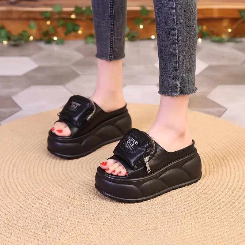 New platform mules slippers women's concise chunky slides shoes outdoor slippers woman silver zipper clogs ladies high slippers