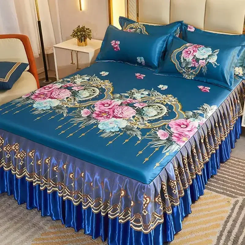 3Pcs/Lot Double Bed Sheet Set Classic Lace Royal Blue Bed Sheet Bed Skirt, Machine Washable Wedding Bedspread Mattress Cover