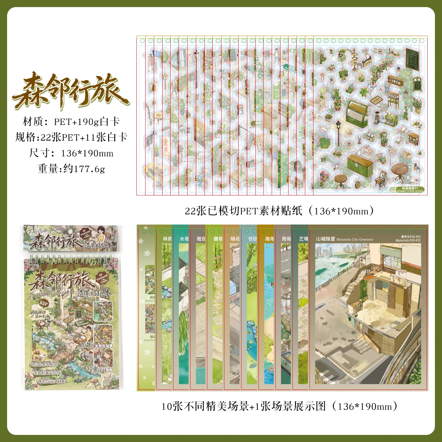 33 stuks levendige buiten-diorama PET-stickers, tuin- en stadsscène-decorsticker voor dagboeken, albums en doe-het-zelfprojecten