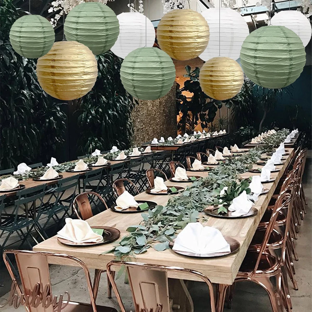 10 Pack Paper Lantern Round Lampshades Sage Green White and Gold Round Hanging Paper Lantern Decorations for Wedding Bridal Baby