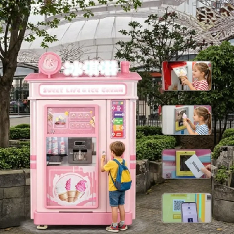 Touch Screen Ice Cream Vending Equipment Multi Language Export Interface QR Coin Card Payment Double Twist Soft Serve Mall Kiosk
