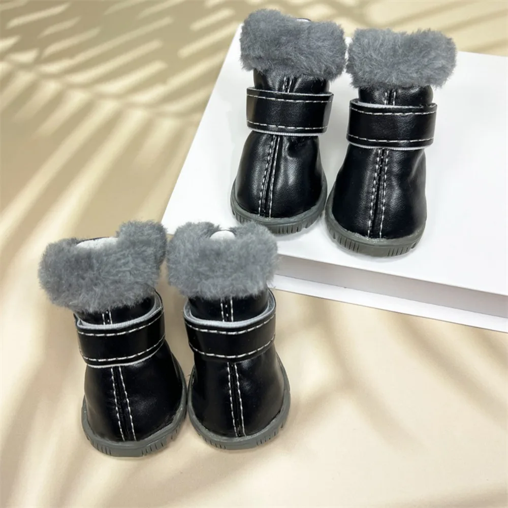 

4PCS Plush Winter Pet Dog Shoes Rubber Soles Non Slip Waterproof Dog Boots Warm PU Leather Dog Snow Boots Outdoor Use