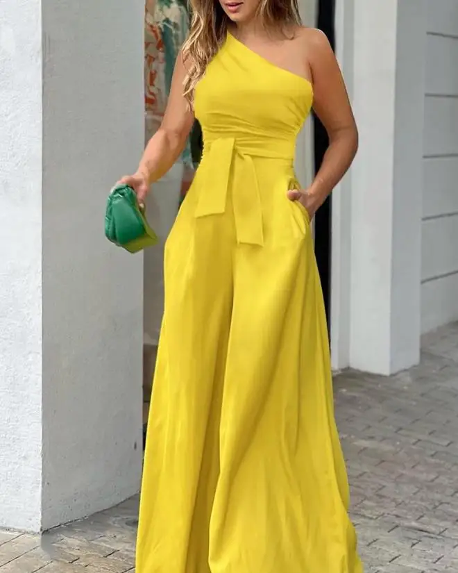 Hot selling women's fashionable and elegant dress for summer 2024, new solid color single shoulder sleeveless wide leg dress