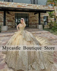 Luxury Shiny Gold Lace Sequins Quinceanera Dress 2024 Long Sleeve Pearls Beaded Ruffles Sweet 16 Dress  Vestidos De XV 15 Anos