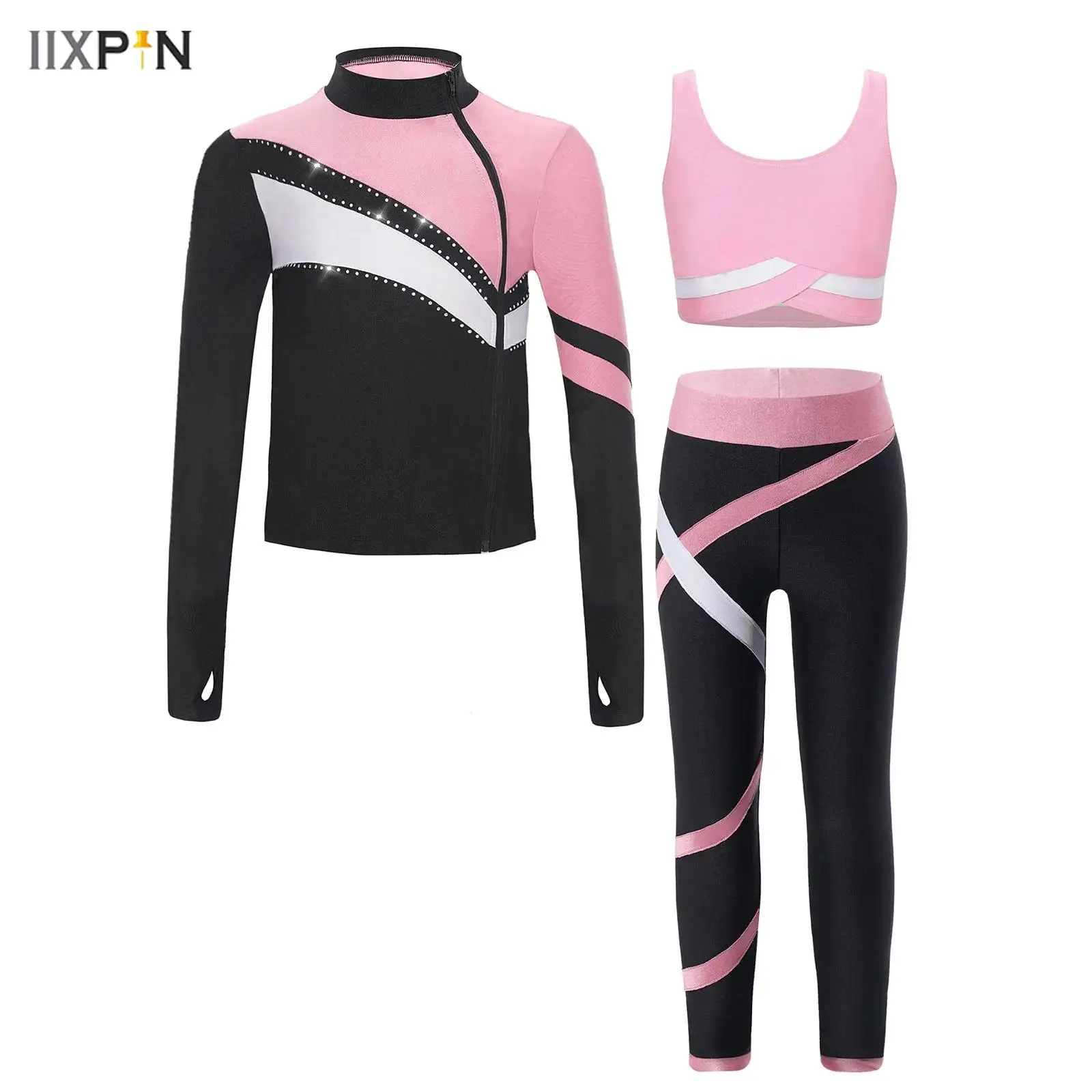 

3Pcs/Set Kids Girls Sports Set Long Sleeve Zipper Sweatshirt+Vest Top+Leggings Pants for Gymnastics Figure Skating Yoga Workout