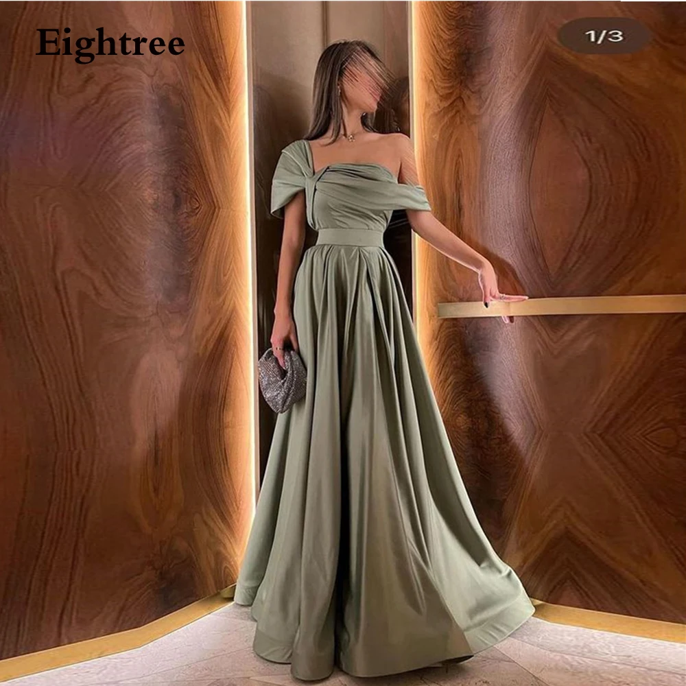 Eightree Olive Green Graceful Evening Dress Long A Line Satin Floor Length Off the Shouldr Abendkleider Dubai Formal Customized