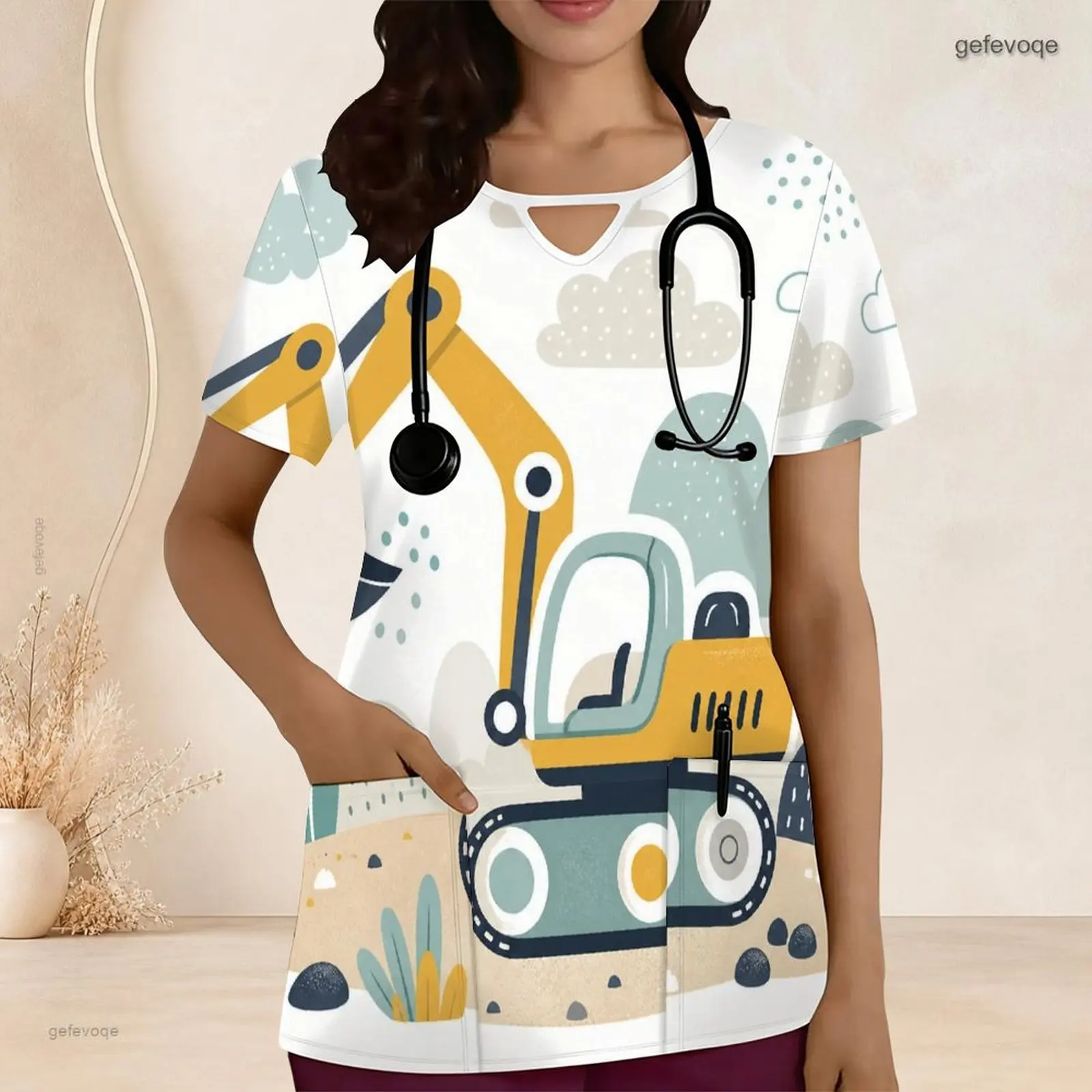 Women Keyhole Neck Short Sleeve Front Pockets Printed Scrub Top
