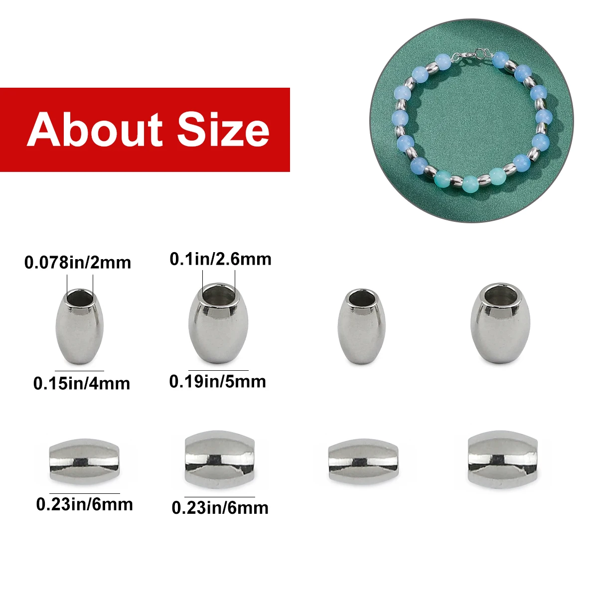 30Pcs 6*4mm 6*5mm Stainless Steel Oval Rice Shape Spacer Loose Beads For Jewelry DIY Bracelet Necklace Making Accessories