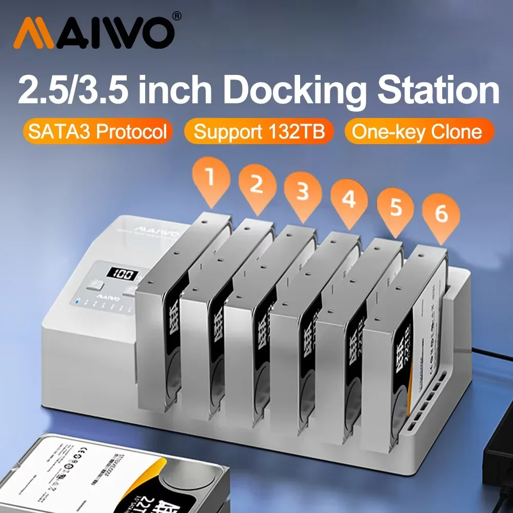 MAIWO 6 bay Hard Drive Docking Station SATA3 to USB 3.0 HDD Docking Station with Offline Clone Function for 2.5/3.5 inch HDD/SSD