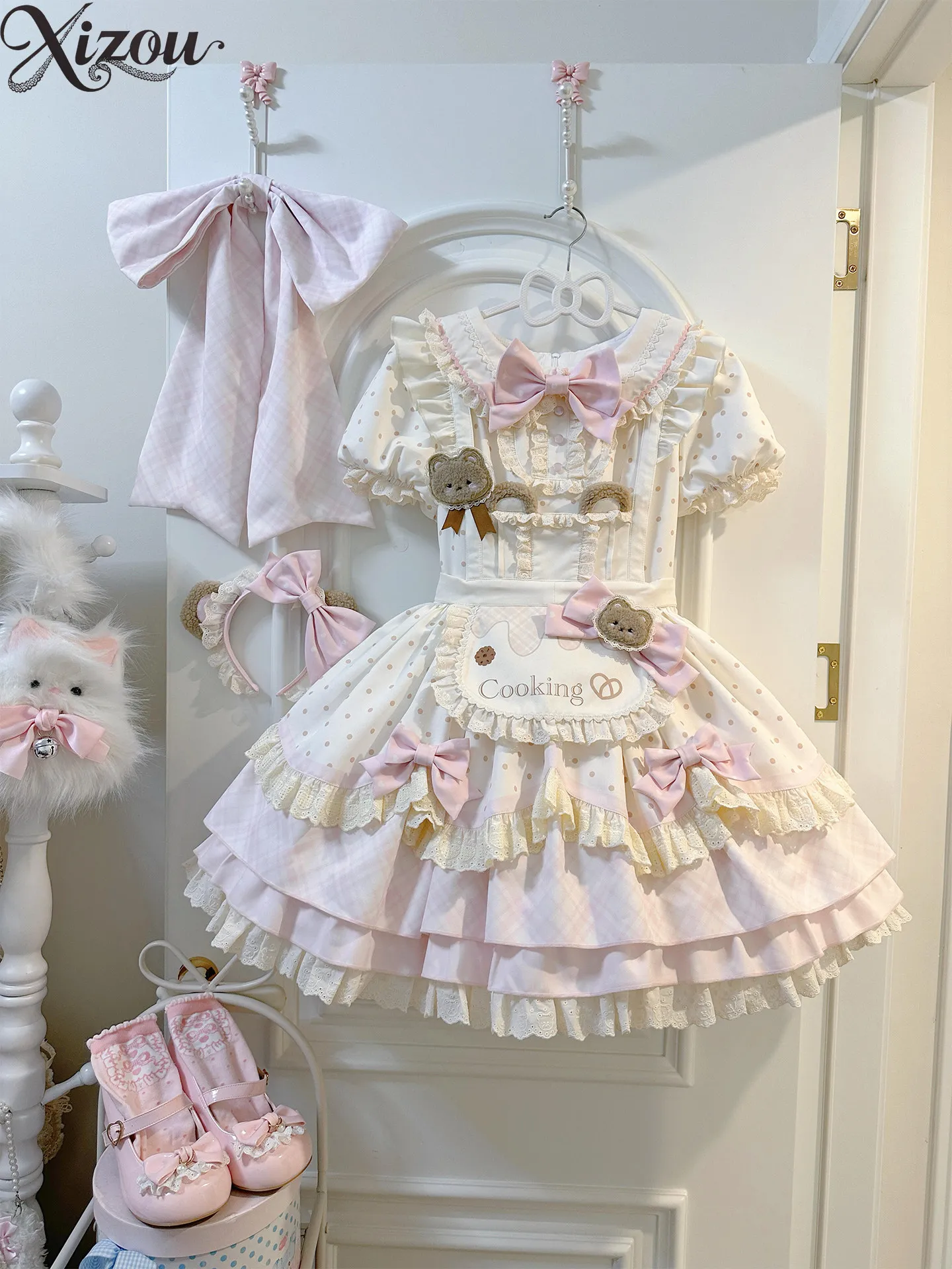 

Bubble Bear Bear Baker OP Dress Polka Dot Puff Sleeve Bow Apron Doll Collar Lolita Princess Dresses Spring Summer 2026 Ball Gown
