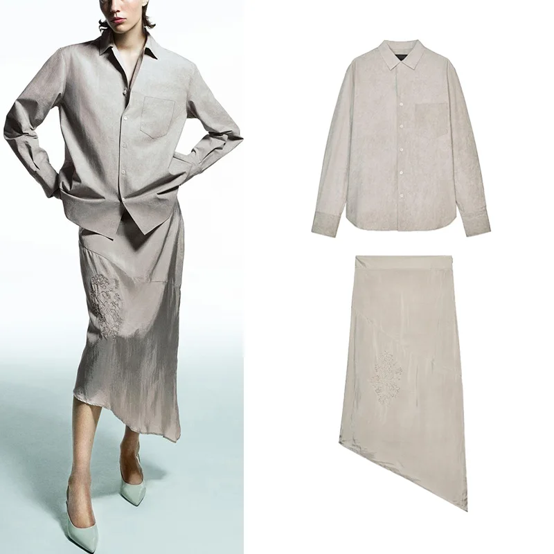 Conjunto de dos piezas de moda para mujer: csa de aodón bordada asimétrica de cintura alta con manga larga y cuello vuel...