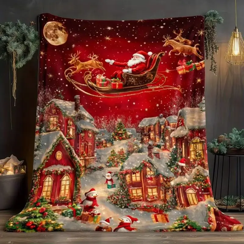 VIKAMA 2027 Christmas Throw Blanket Red Santa Sleigh Reindeer Snowman Night Village Blanket for Couch Sofa Decor Winter Couch