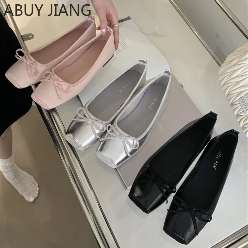 2024 Summer New Flat Ballet Flats Elegant Comfortable Bow Square Toe Single Shoes Ladies Shoes Zapatos Mujer