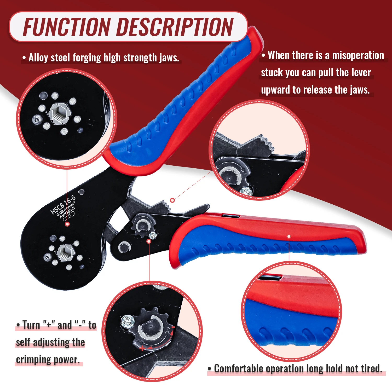 1pc HSC8 16-6 Hexagonal Crimping Pliers, Self-Adjusting Ratchet Wire Crimping Tool for 0.08-16mm² Wire Terminals, Cables