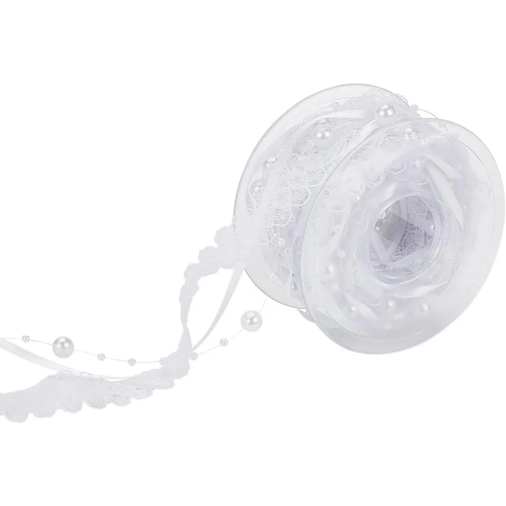 1 Roll Polyester Flower Lace Trims with Imitation Pearl Beads Trimming for Clothing Decoration White 3/4 inch(20mm)