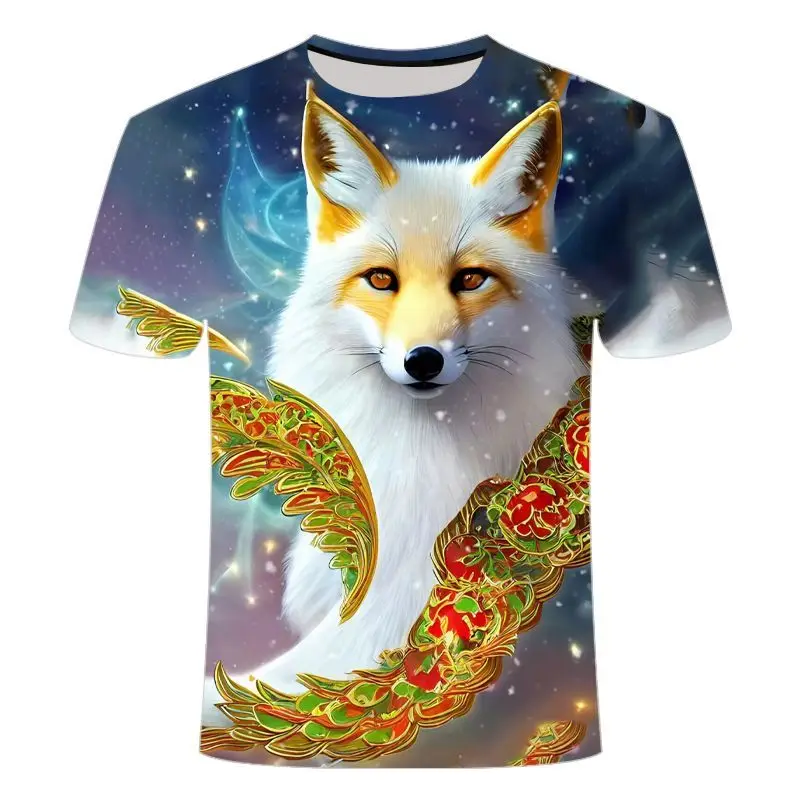 Fox Landscape series 3D digital full body print trend fashion men's crew-neck T-shirt children's tops