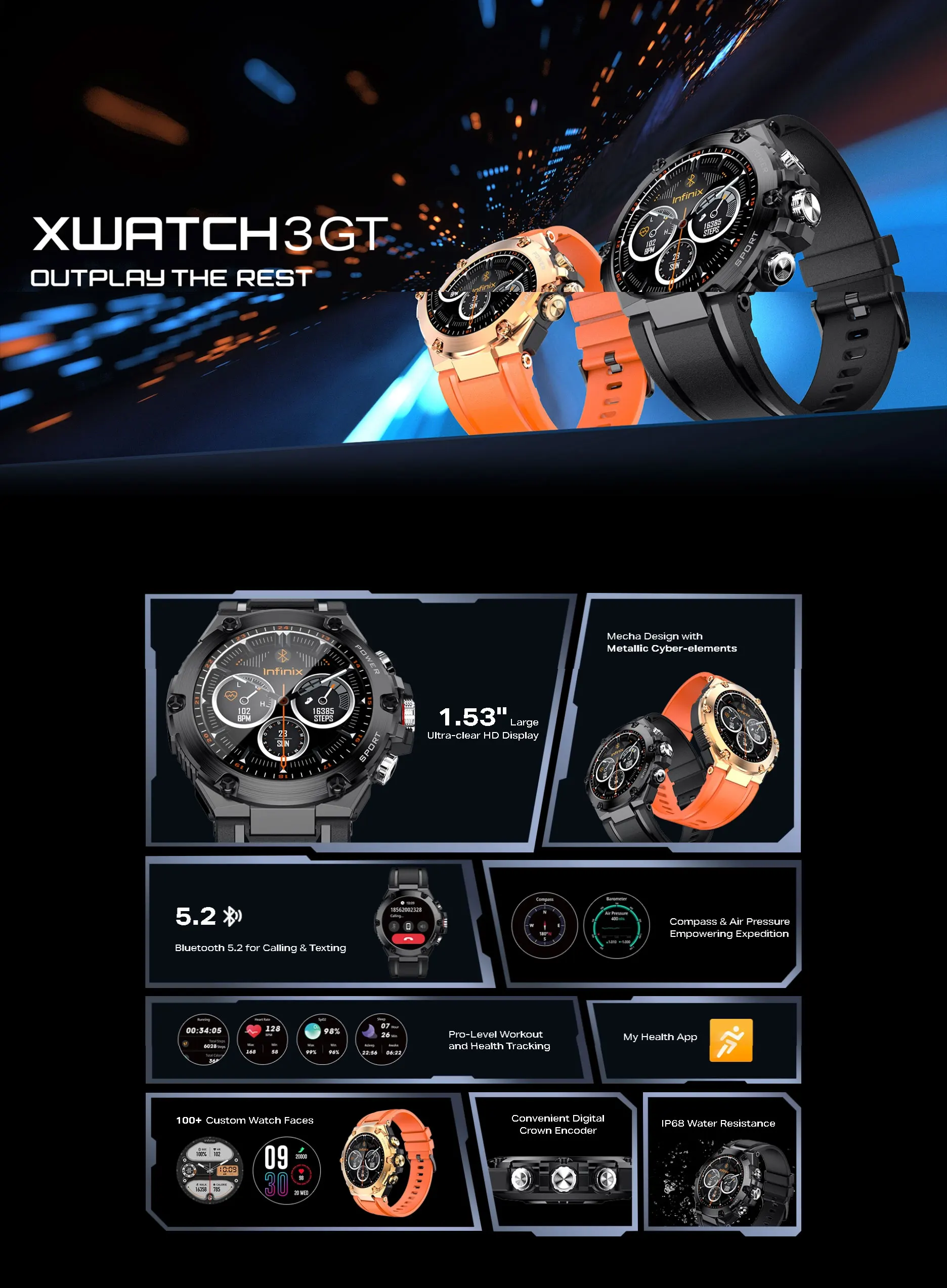 Infinix XWatch 3GT XW3GT رمادي عميق الاتحاد الأوروبي Smartwatch للجنسين اللياقة البدنية النشاط المقتفي مراقب معدل ضربات القلب مقاوم للماء