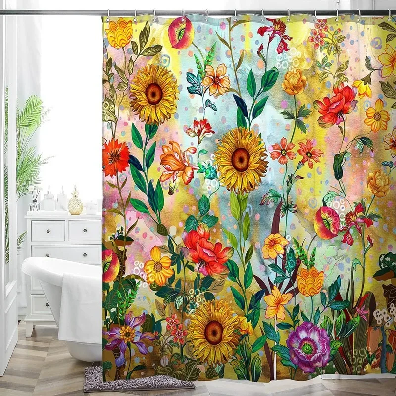 Bohemian Floral Bathroom Curtain Colorful Boho Flower Print Bright Polyester Fabric Waterproof Shower Curtain 180x180cm