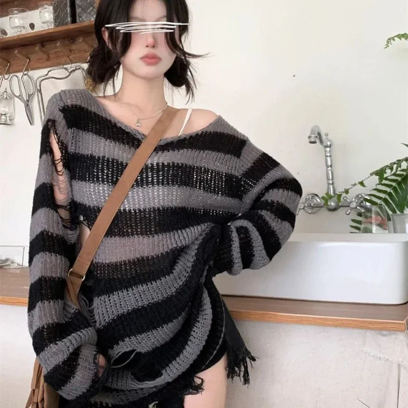 Goth Punk Gothic Sweater Oversized Pullovers Women Striped Cool Hollow Out Hole Broken Jumper Harajuku Aesthetics Sweater