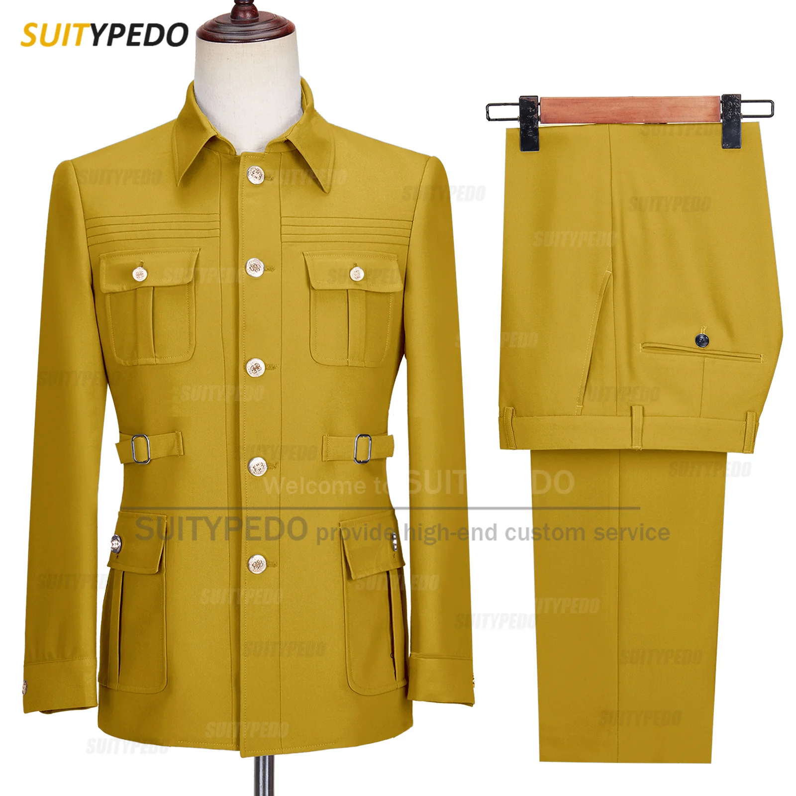 Fashion Men Suit Sets Gold Button Chinese Tunic Suit Blazer Pants 2 Piece Elegant Wedding Groom Jackets Slim Fit Business Tuxedo