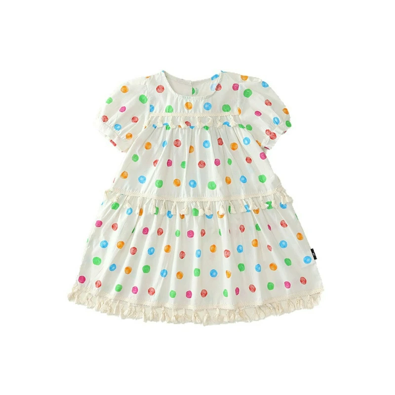 Girls Princess Polka Dot Dress 2025 Summer New Puff Sleeve Cotton Fringe Trim Patchwork Bow Fashion Outfit for Toddler Kids