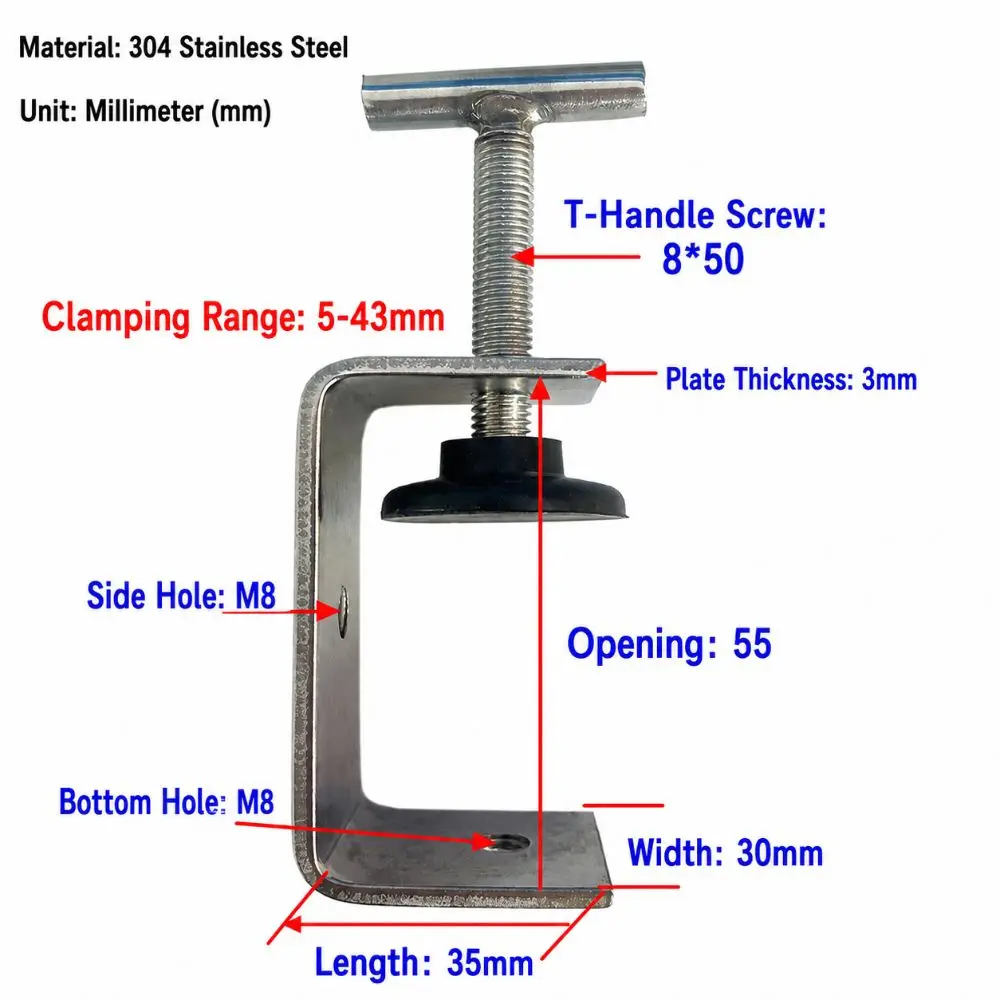 304 Stainless Steel C-clamp 20-100mm Opening T-shaped Head Square Clamp Adjustable Rubber Pad Woodworking Fixing Clips