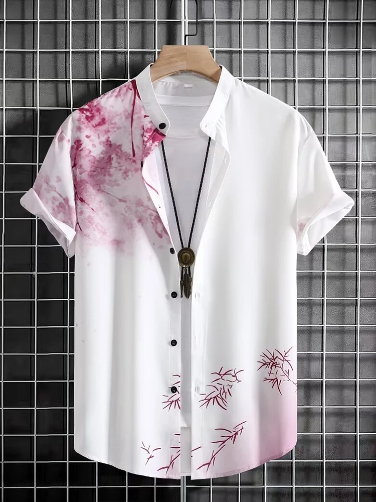 

Ice Silk ort Sve irt Воротник-стойка Мужской Faionable Haome Китайский сле Летний легкий дышащий с принтом irt