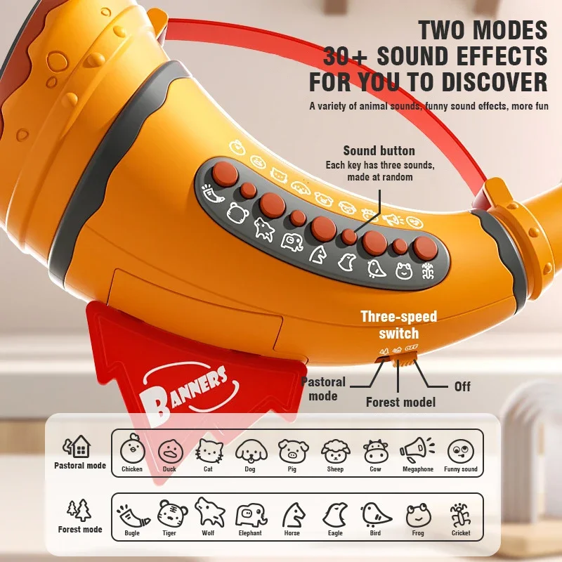 Chifre de som animal para crianças, 30 efeitos sonoros, simulação de chamadas, assobios, brinquedos musicais vocais, presente para crianças