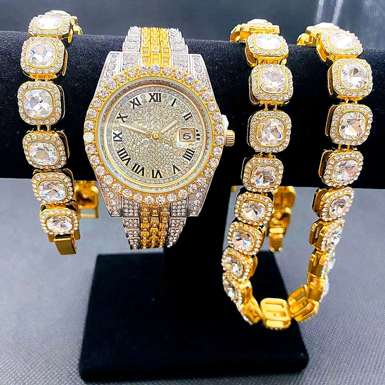 3pcs Full Iced Out orologi Mens Gold Cuban Tennis Chain bracciale collana Bling Watch for Men HipHop Jewelry Men Watch Clock Set