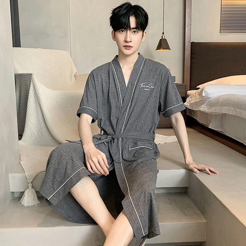 Plus Size 4XL Summer New Short Sleeve Robes For Men Good Quality Mens Robe Belted Bathrobe Male Kintted Cotton Luxury Sleepwear