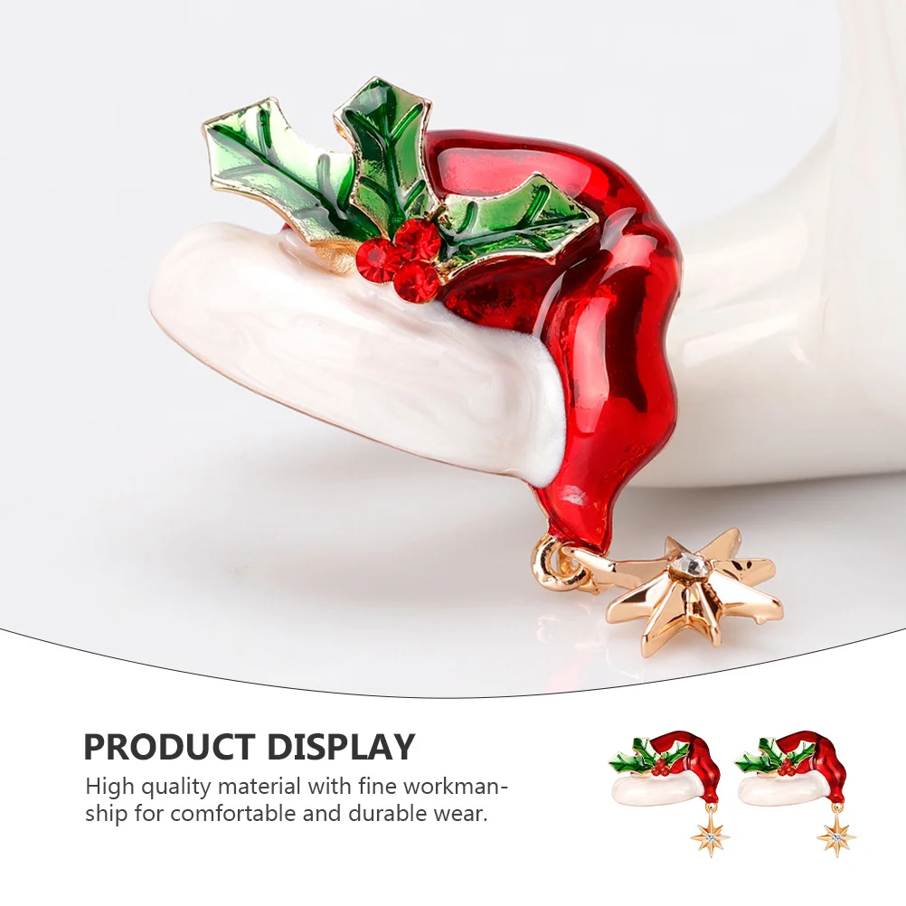 

2pcs Christmas Hat Brooch Fine Workmanship Festive Alloy Diamond Inlaid Metal Brooch For Holiday Gift Decoration Accessory