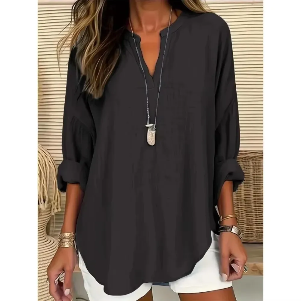 Women's Plus Size 1XL-5XL Casual Relaxed Comfortable Fitted Shirt Fashion V-neck Solid Color Long Sleeve