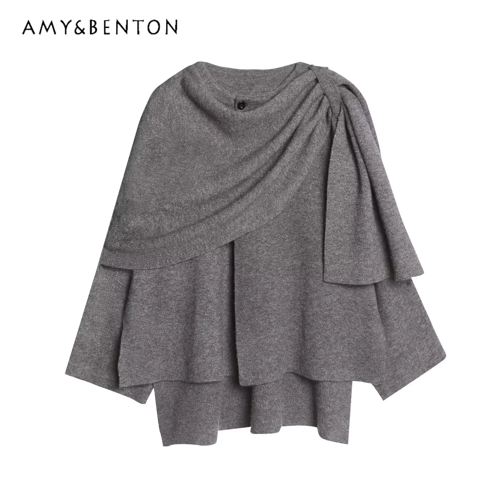 

Autumn and Winter Commuting Style Women's Off-White Gray Brown Red Cape-Style Round Neck Long Sleeve Short Coat