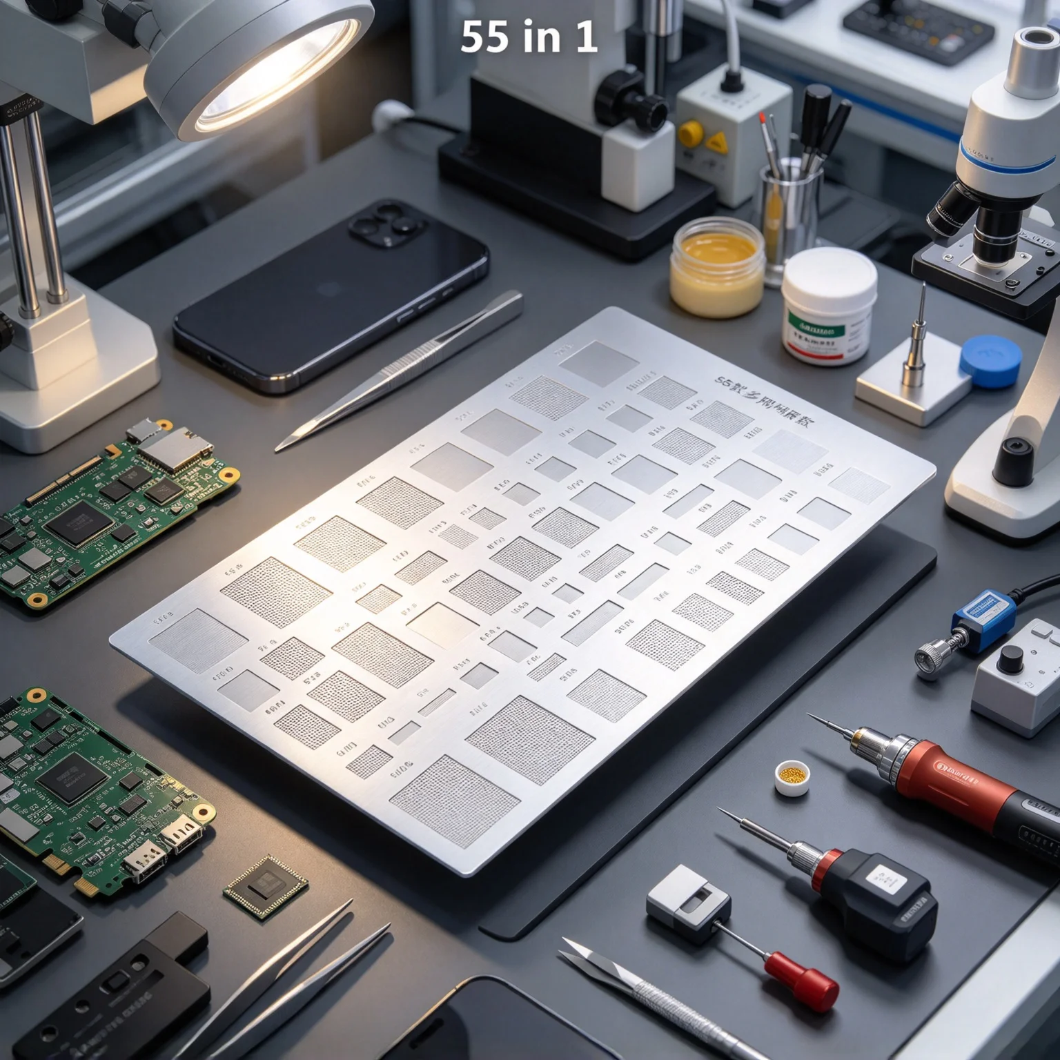0.2mm 21in1 55in1 Universal BGA Solder Paste Stencil, Metal Reballing Template for Mobile Phone PC Motherboard IC Chip Repair
