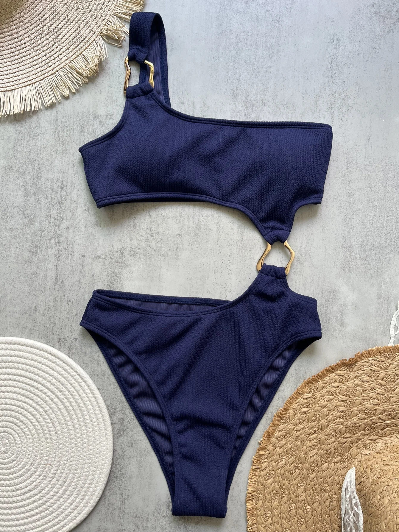 Women's One Piece Swimsuit Ring Cut Out Front High Cut Cheeky Bathing Suit Monokini Swimwear One Shoulder Ribbed Monokini