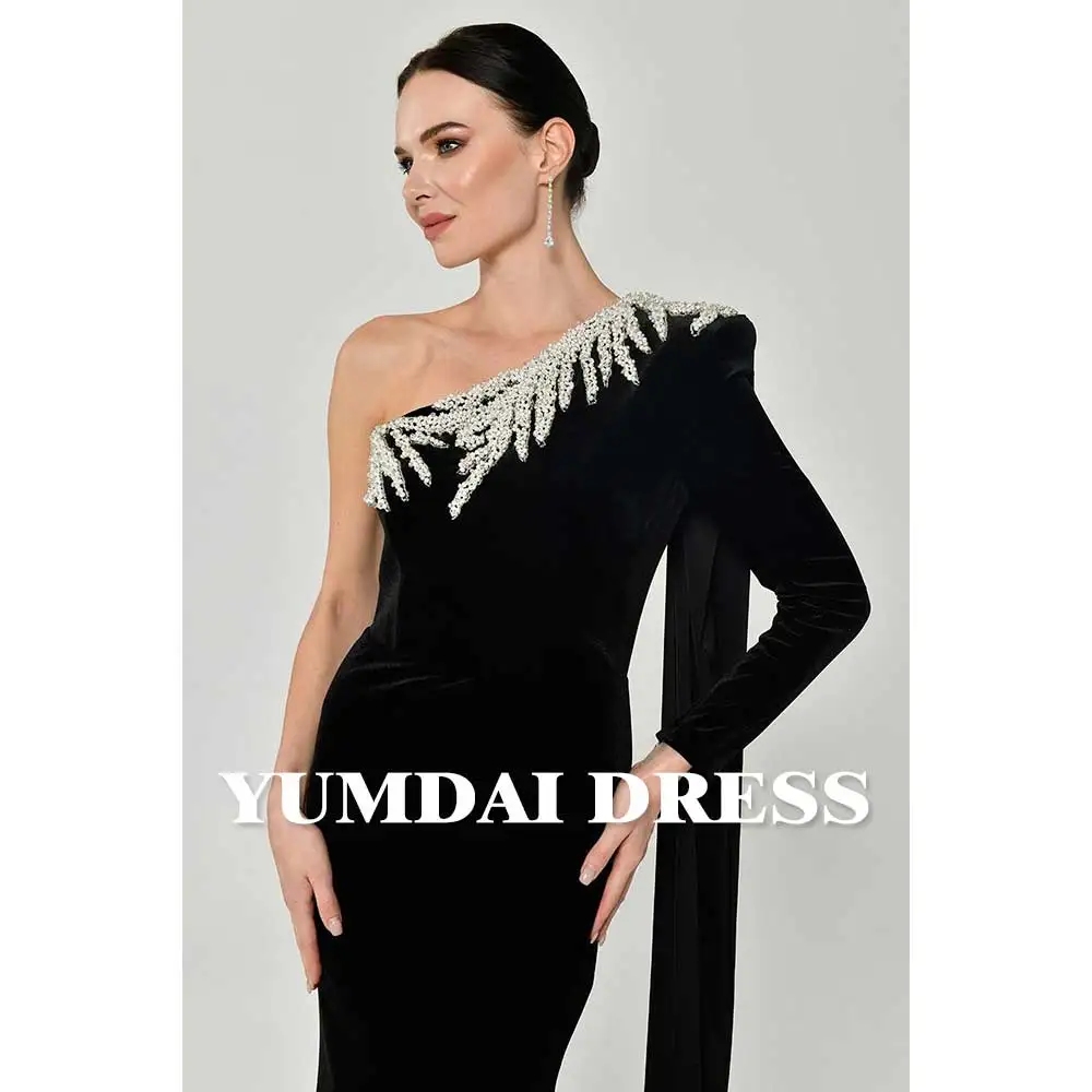 YUMDAI Luxury Dubai Single Rotator Cuff Velvet Evening Dress Black beaded 2023 ladies Formal Stage Dress Special Occasion Dress