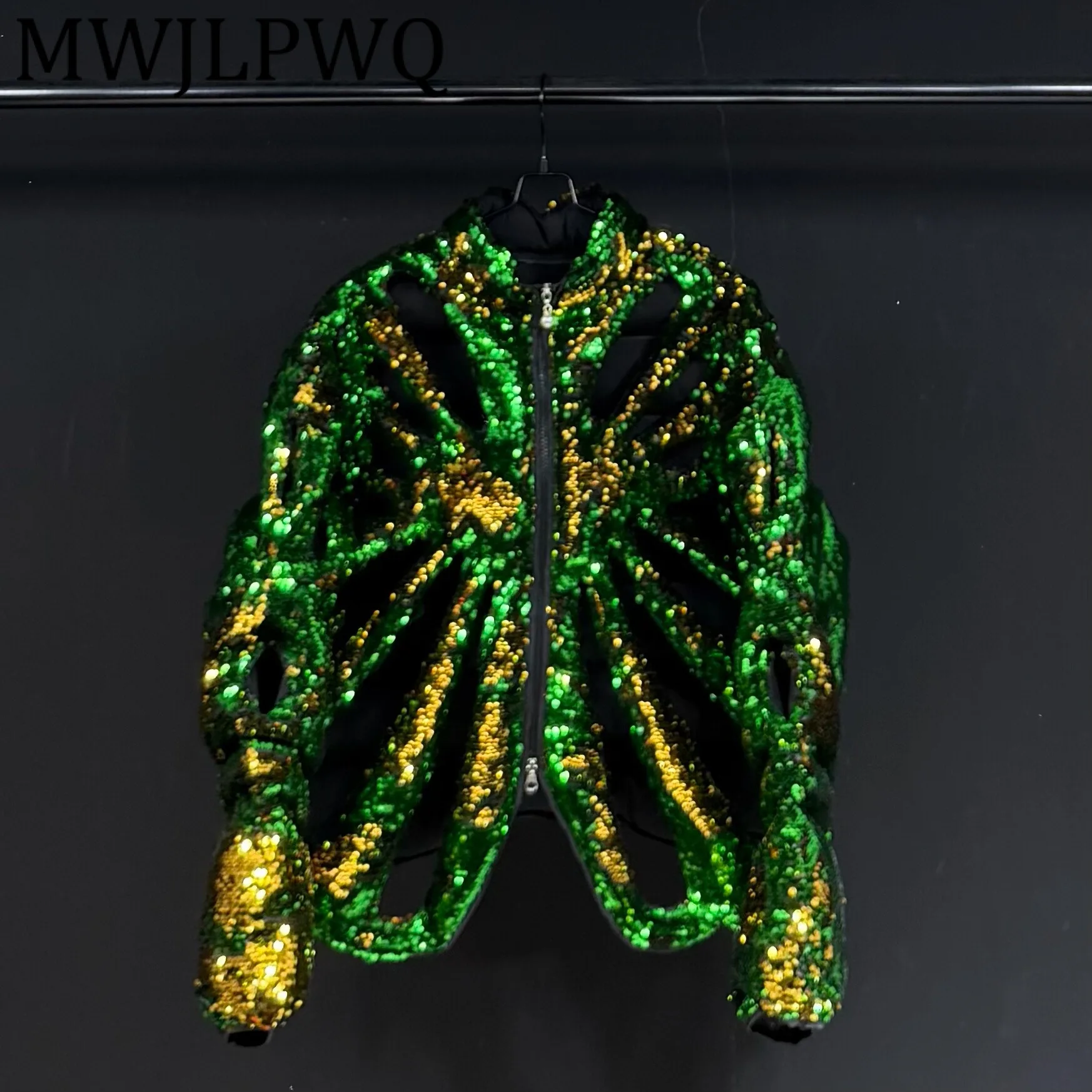 

MWJLPWQ 2025 Новая хлопковая куртка Heavy Industry с зелеными пайетками, мужская свободная повседневная куртка с длинными рукавами High Street Niched 12653