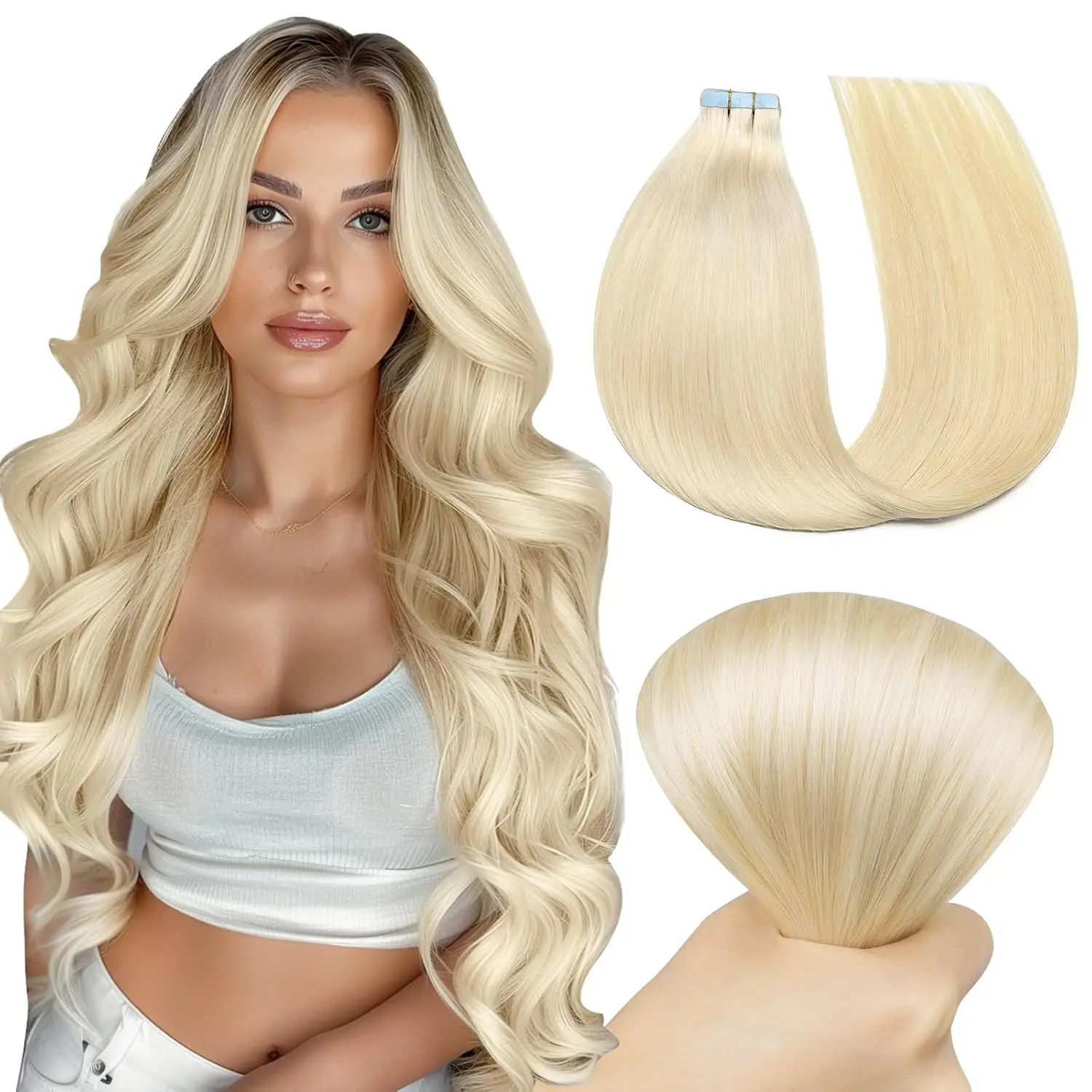 Fita em extensões de cabelo, Platinum Blonde Color 60 Cabelo Humano Remy Brasileiro, Fita no cabelo, Sem Costura Pu, 20 em, 50g, 20 Pcs