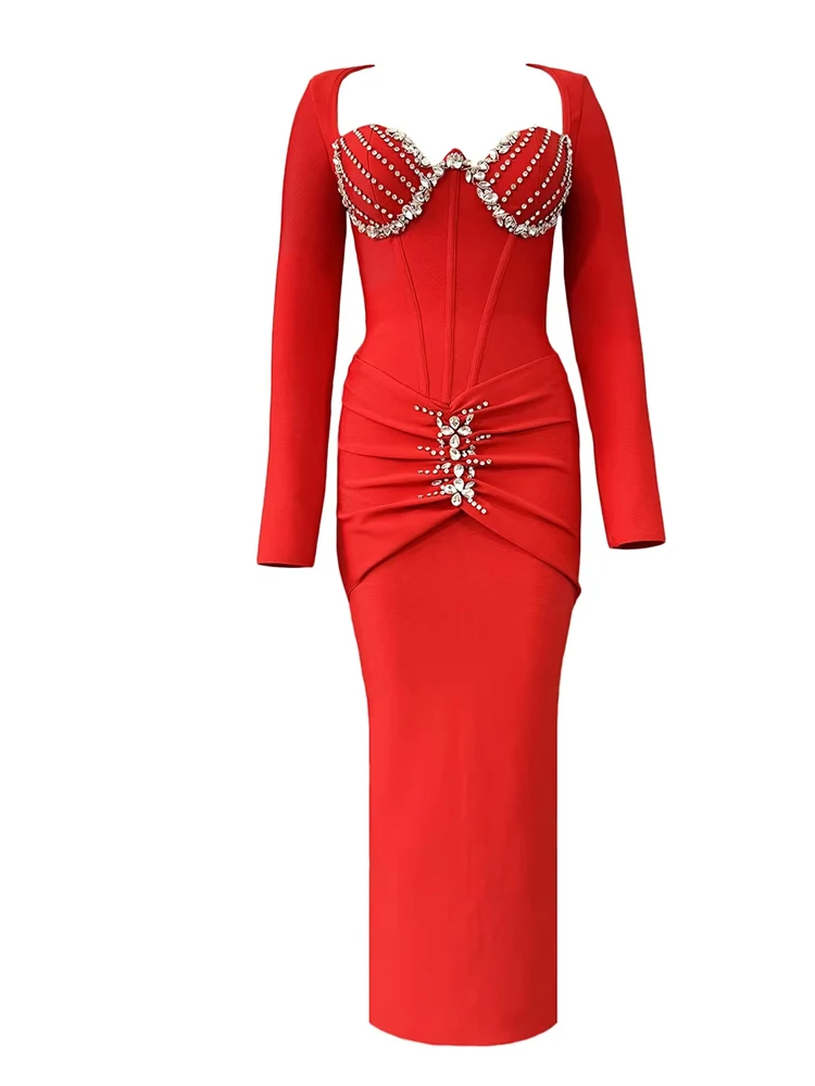 Abito aderente a maniche lunghe con fasciatura scintillante di lusso sexy, festa di celebrità, abiti eleganti da sera per club, set su misura