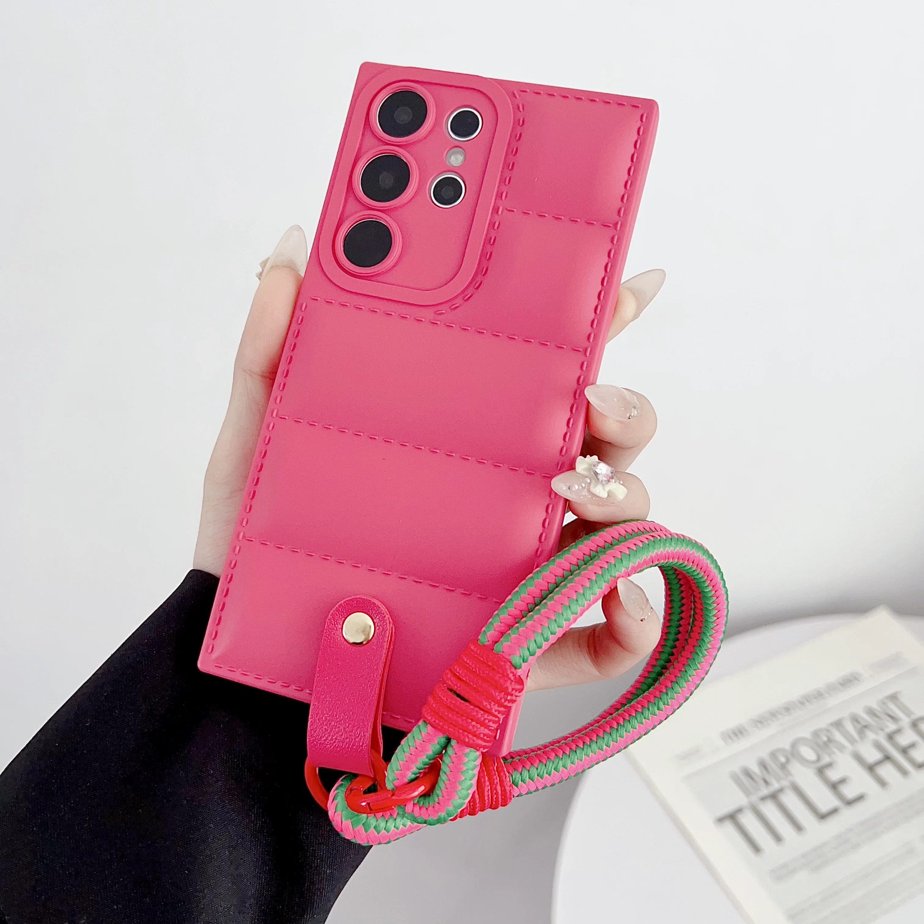 The Puffer Soft TPU Phone Case for Samsung Galaxy S21 S22 S23 Plus Note 20 S24 Ultra S23FE Wrist Chain Strap Back Cover Shell
