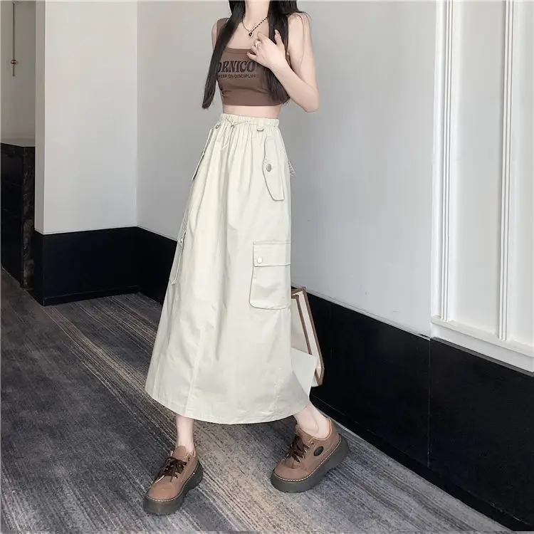 

Summer New Retro Drawstring Workwear Skirt Slit High Waist Loose A-line Slimming Temperament Mid-length Skirt