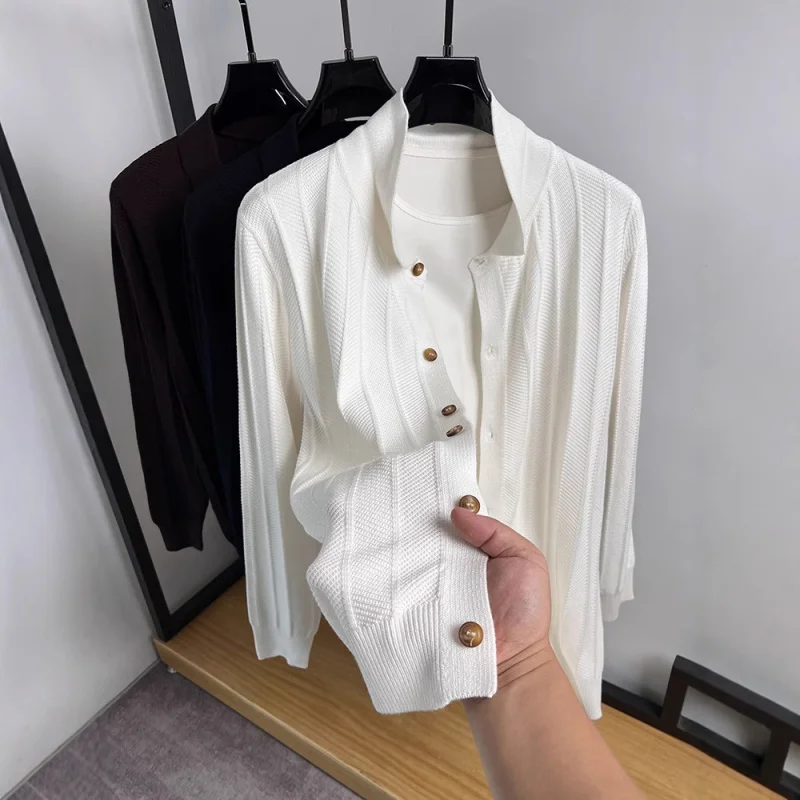 

White Turn-Down Collar Cardigan Men'S Knitted Sweater Autumn Button Thin Sweater Men'S Solid Color Sweater Men'S Outerwea